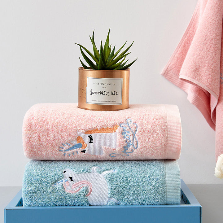 Embroidered Cotton Bath Towel with Unicorn Motif