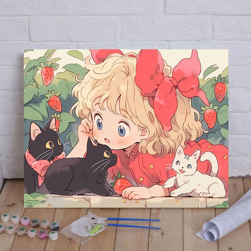 Cartoon Cat und Mädchen Themenleinwand Malset nach Zahlen Karnz