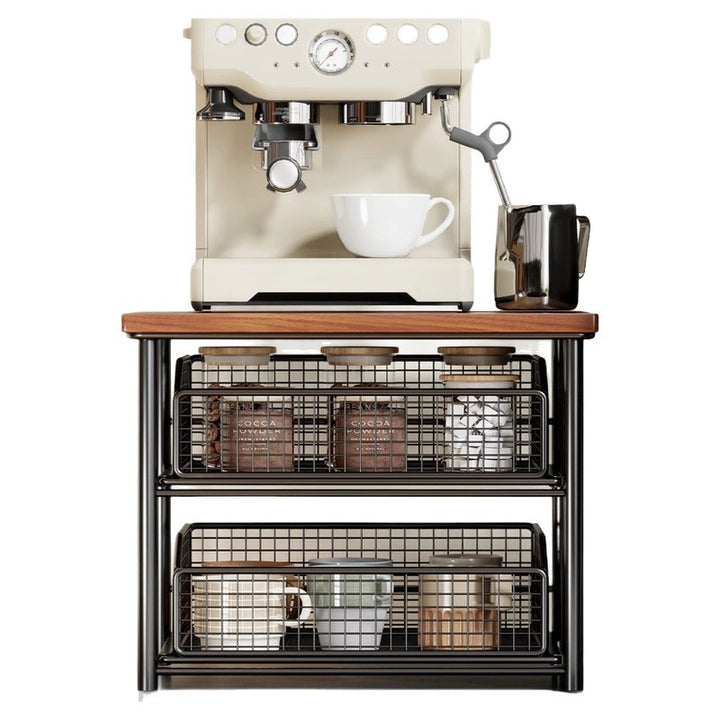 Kompakte Zwei-Ebenen-Countertop-Kaffee-Station-Organizer mit Holzoberfläche und herausziehbaren Drahtgitterkörben