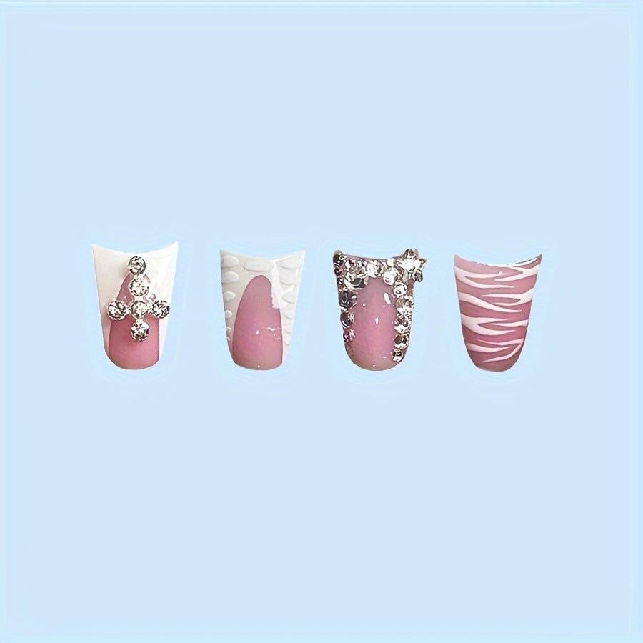 Dekoratives Press-on-Nagelkunst-Set mit Edelsteinakzenten Karnz