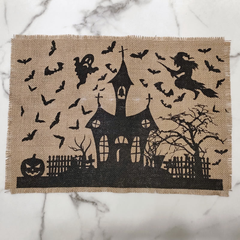 Jute-Tischläufer Halloween Spukhaus-Print mit Fransenrand