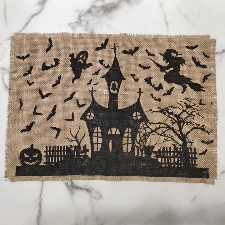Jute-Tischläufer Halloween Spukhaus-Print mit Fransenrand