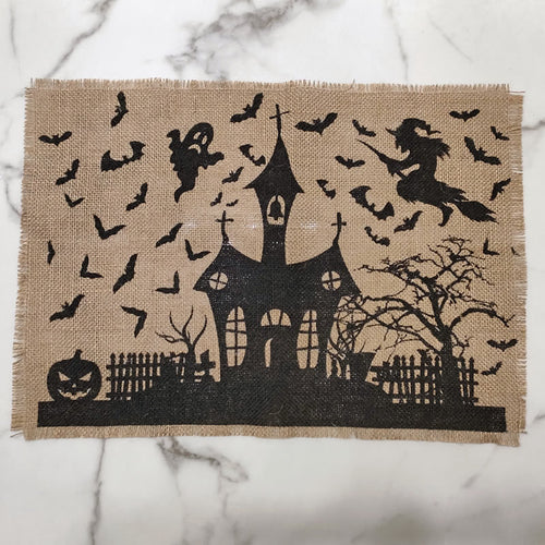 Jute-Tischläufer Halloween Spukhaus-Print mit Fransenrand