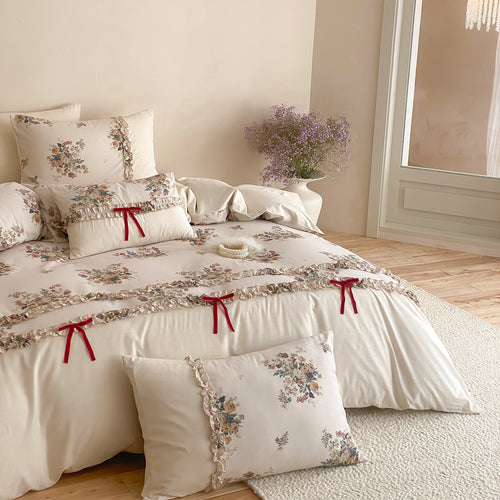 Floral Rüsch Baumwollsatin Bettbezug Set mit dekorativen Schleifen