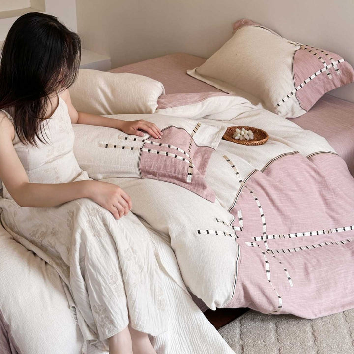 Baumwoll-Leinen Texturiertes Wendebettwäsche Set mit Patchwork-Stich Detail