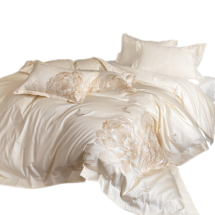 Besticktes Satin Blumen Bettwäsche Set mit Kissenbezügen