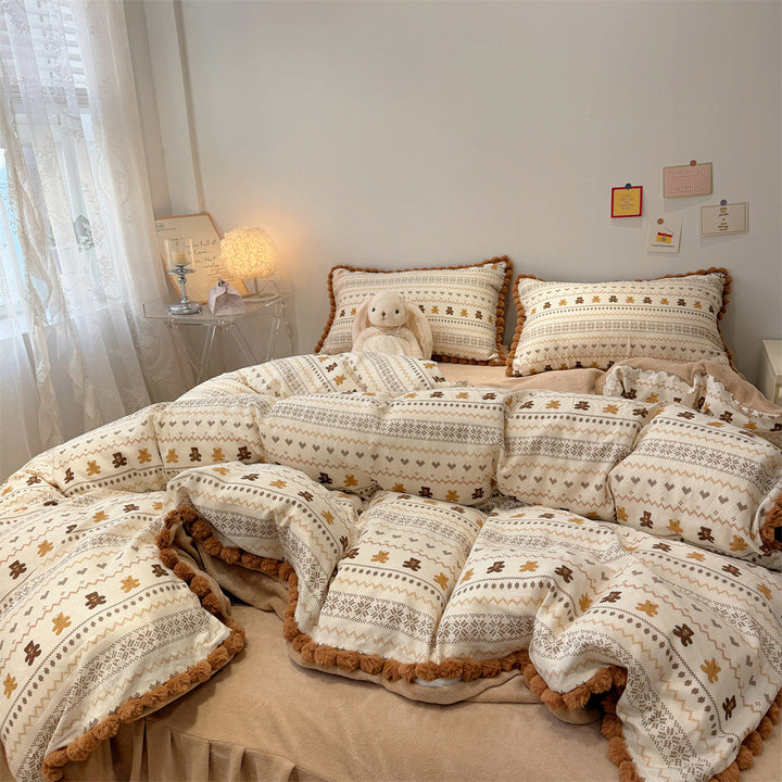 Plush Pom-Pom Trim Quilted Teddy-Motif Down-Alternative Comforter Set with Matching Pillow Shams