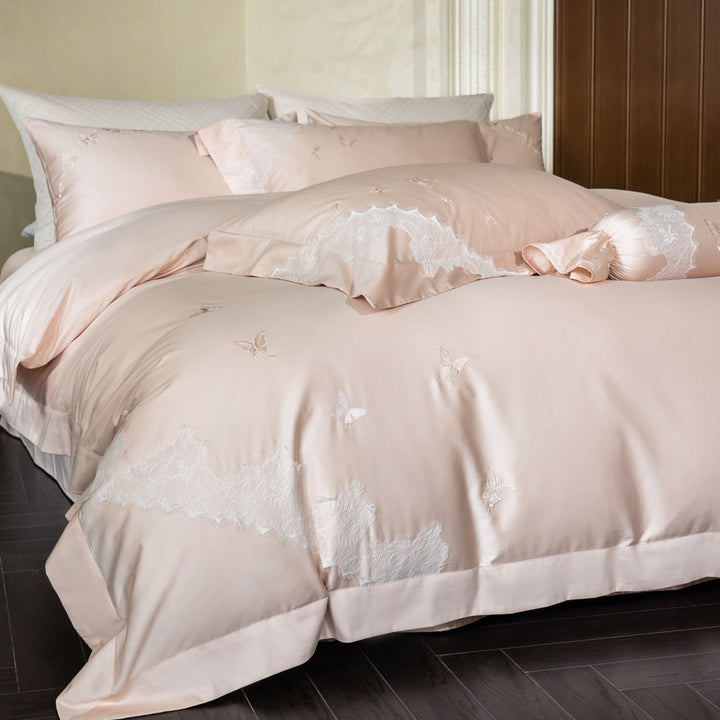 Schmetterling Besticktes Spitzenbesatz Sateen Bettbezug Set mit Bolster Kissen