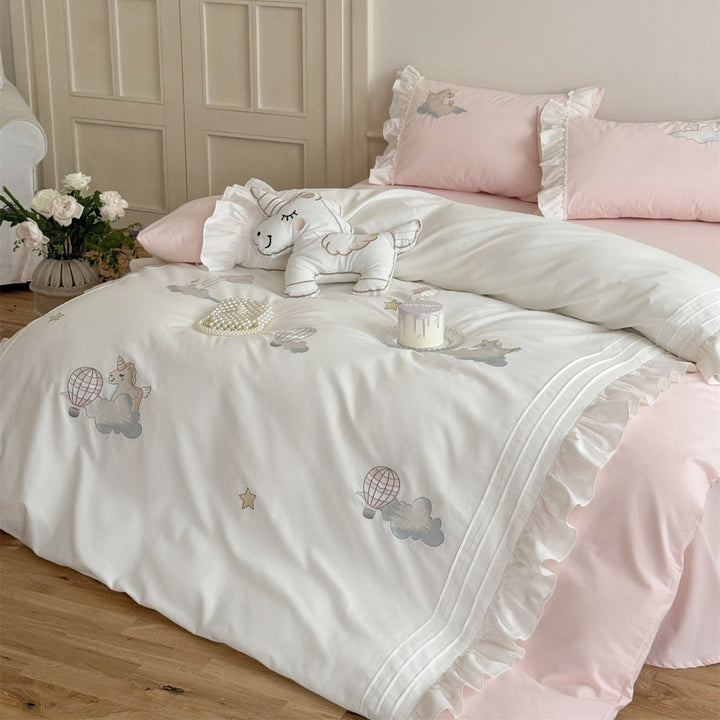 Prinzessin Einhorn Besticktes Rüschende Bettbezug-Set