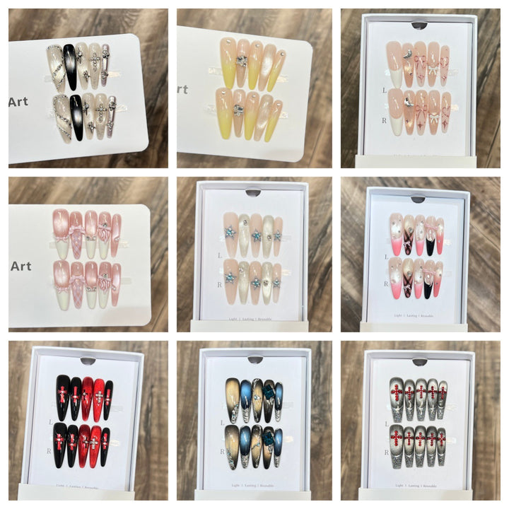 Dekoratives Press-On Nagelkunst-Set mit Edelsteinakzenten