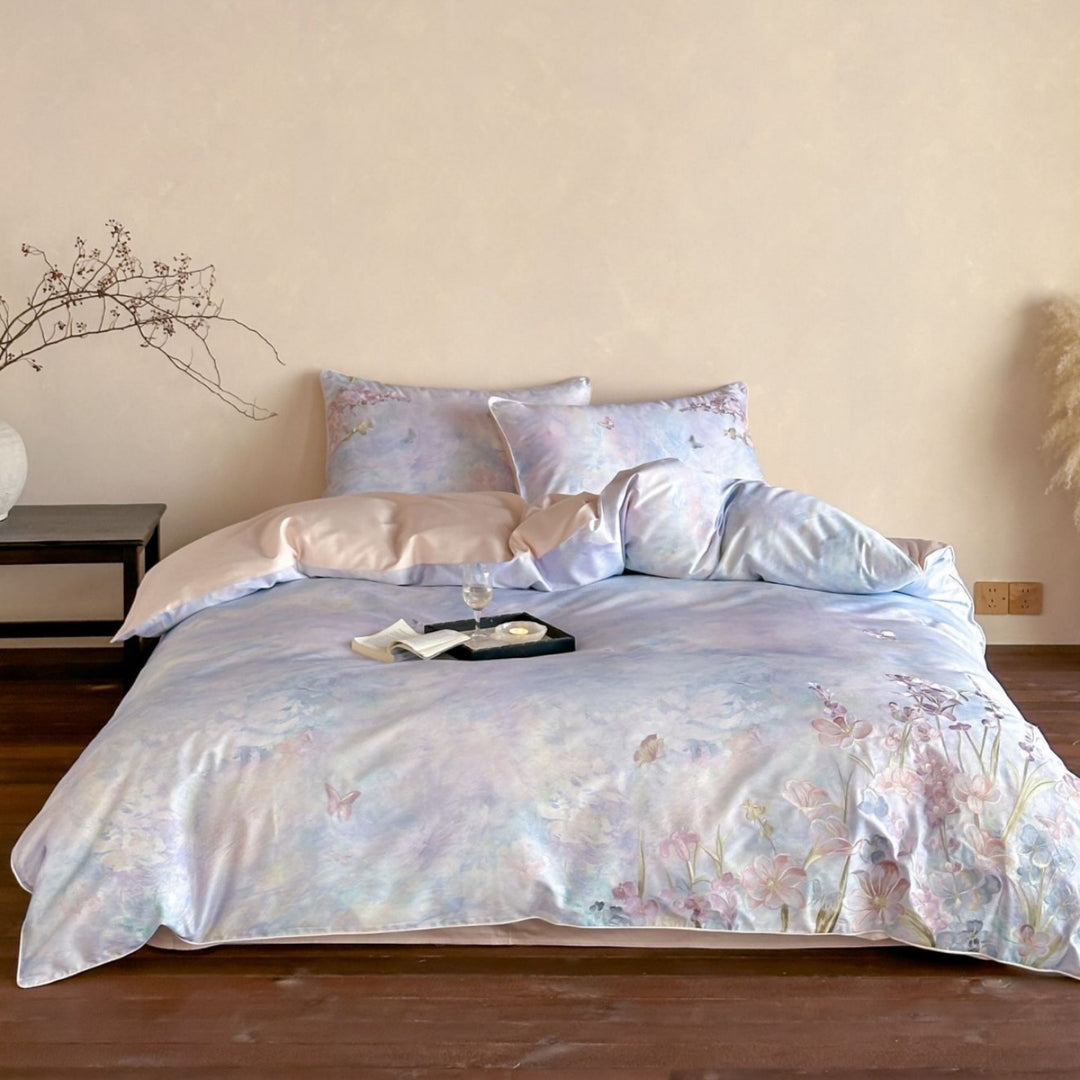 Aquarell Blumen Satin-Effekt Wende Bettbezug Set mit Botanischem Druck Kissenbezügen