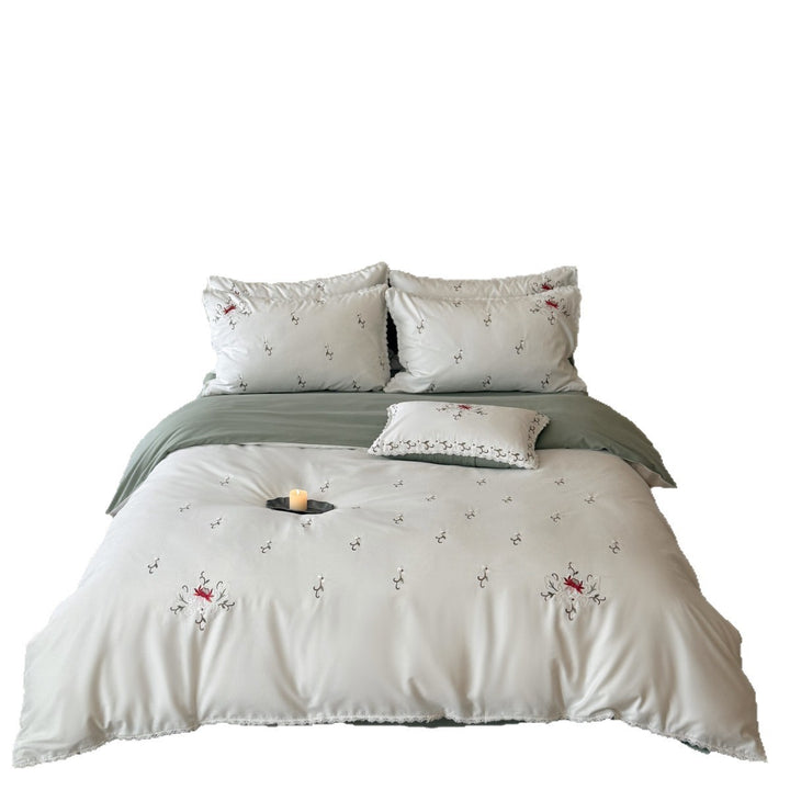 Botanisch bestickter Baumwollsatin Bettbezug mit gewelltem Spitzenrand