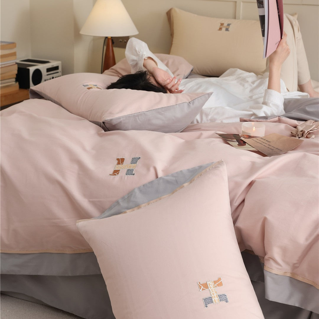 Bestickte Baumwollsatin Wendebettbezug Set mit Kissenbezügen