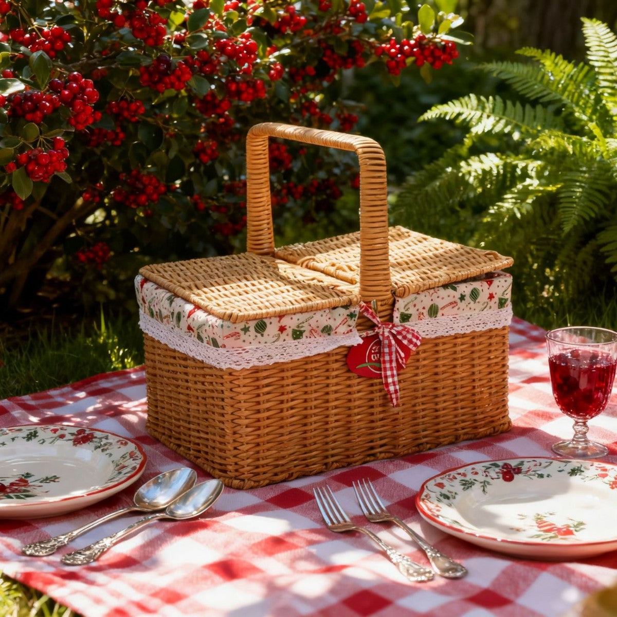 Damen Picknickkorb mit elegantem Stoffbesatz und praktischen Tragegriffen Karnz