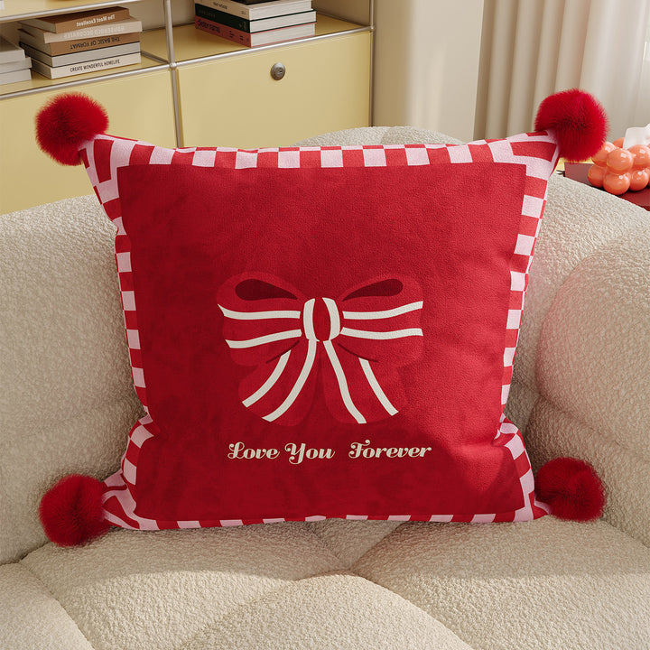 Polka Dot Bouclé Cushion Cover with Faux-Fur Pom-Pom Corners and Gift Bow Motif