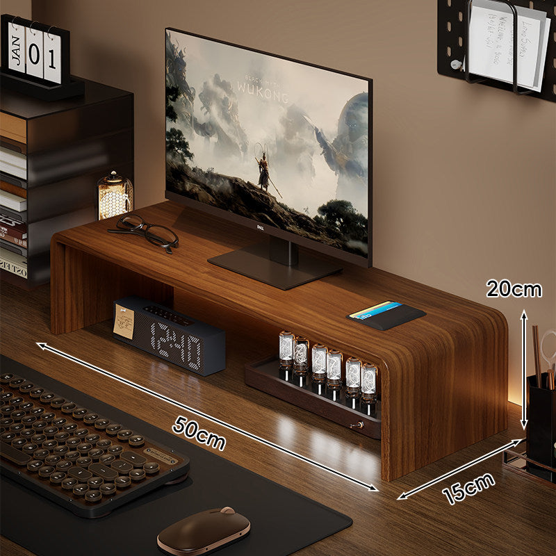 Niedrigprofilierte gebogene Desktop-Monitor-Plattform mit integriertem Unterregal-Organizer und ambienter Hintergrundbeleuchtung