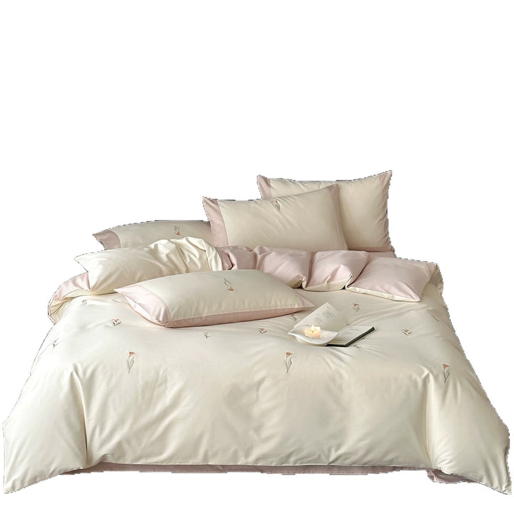Umkehrbarer Satin-Feeling Bestickter Floral Bettbezugset mit Kontrastbordüre