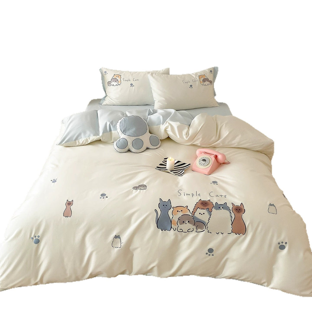 Baumwollsatin Bettbezug Set mit süßem Cartoon-Katzen Druck und passenden Kissenbezügen