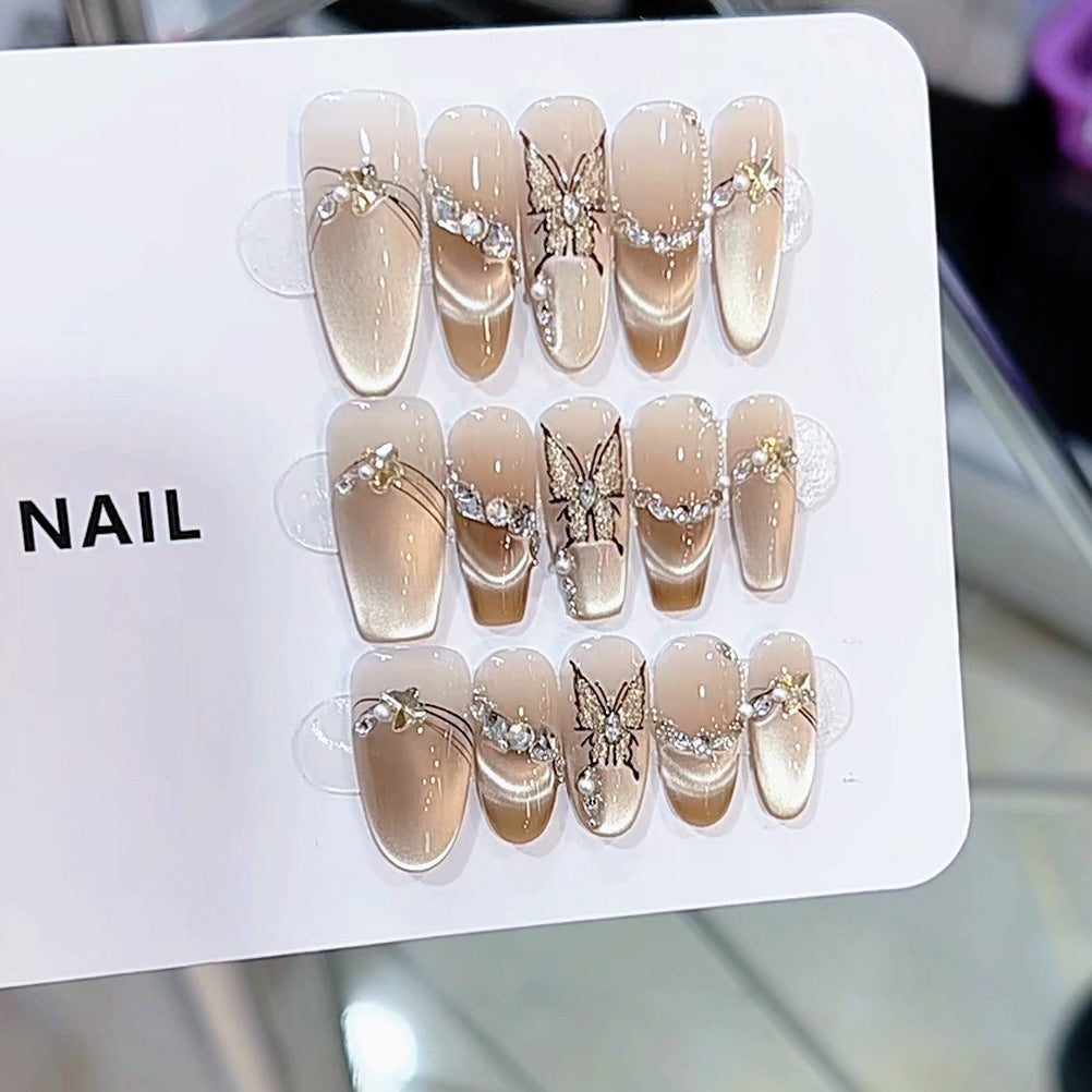 Künstlerisches Schmetterlings- und Perlenverziertes Press-On-Nagelset Karnz