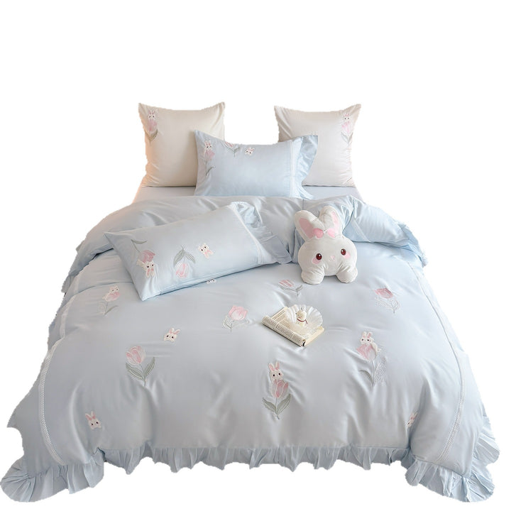Bestickte Rüsche Baumwollsatin Bettbezug Set mit Hasen- und Tulpenmotiven