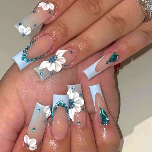 Floral-Designed Press-On Nail Set with Decorative Gem Accents Karnz