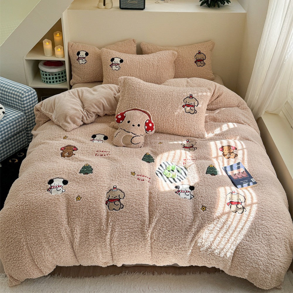 Plüsch-Steppbett-Garnitur mit Kaninchen-Stickerei und Sherpa-Oberfläche