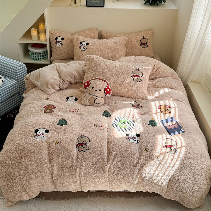 Plüsch-Steppbett-Garnitur mit Kaninchen-Stickerei und Sherpa-Oberfläche