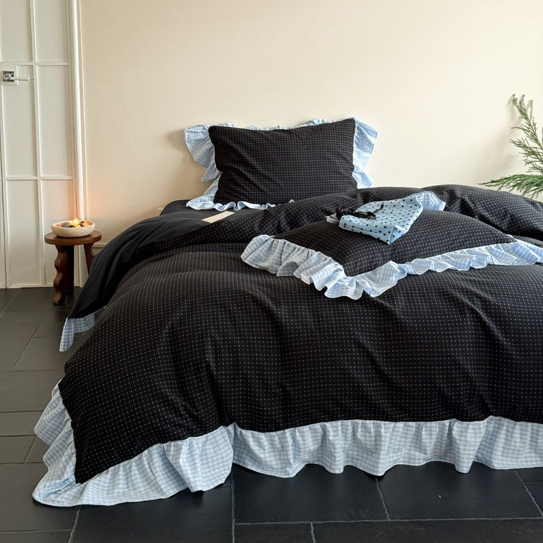 Rüschend Gingham-Besatz Baumwoll Bettbezug Set