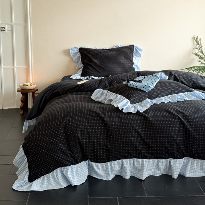 Rüschend Gingham-Besatz Baumwoll Bettbezug Set