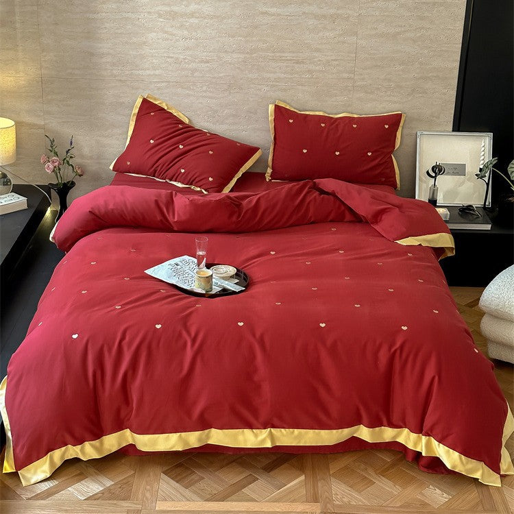 Bettwäsche-Set aus Baumwollsatin mit Mini-Herz-Stickerei und Kontrastpaspel Karnz
