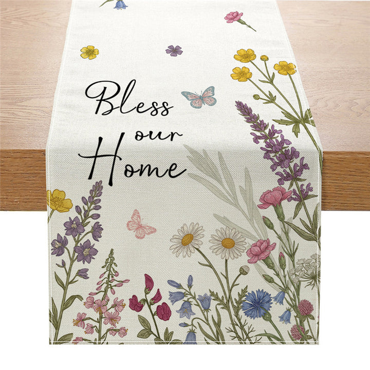 Baumwoll-Leinen Bauernhaus Tischläufer mit Sonnenblume & Bienen Aquarelldruck und gepunktetem Holzmaserung Rand