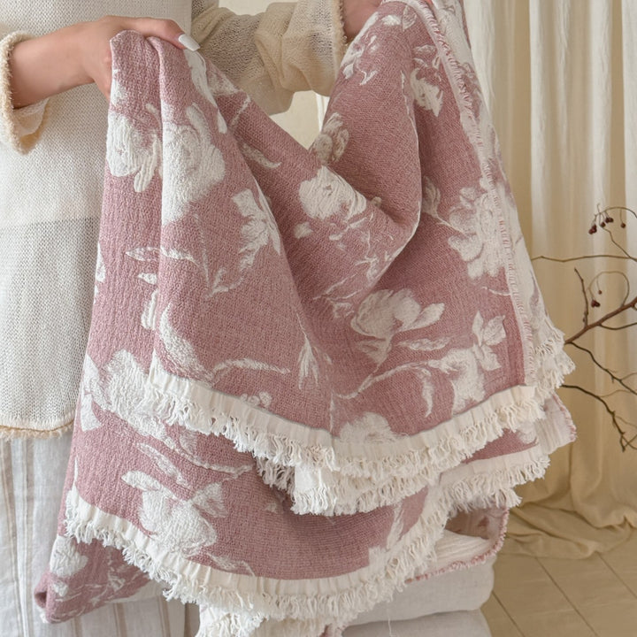 Florales Jacquard Baumwollwurf mit Fransenrädern