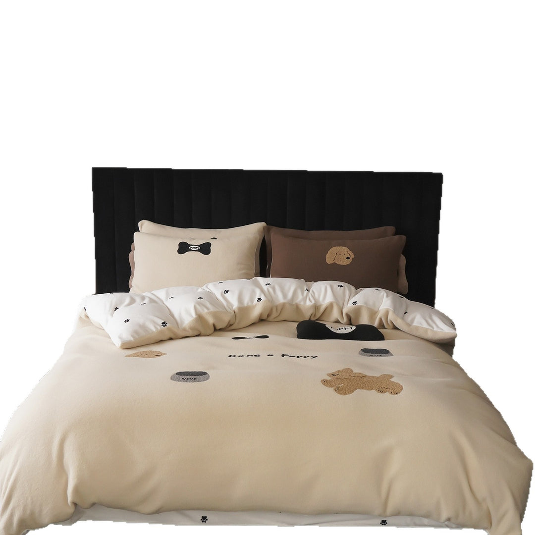 Bettwäsche-Set mit gestickten Welpenmotiven und weichem Fleece