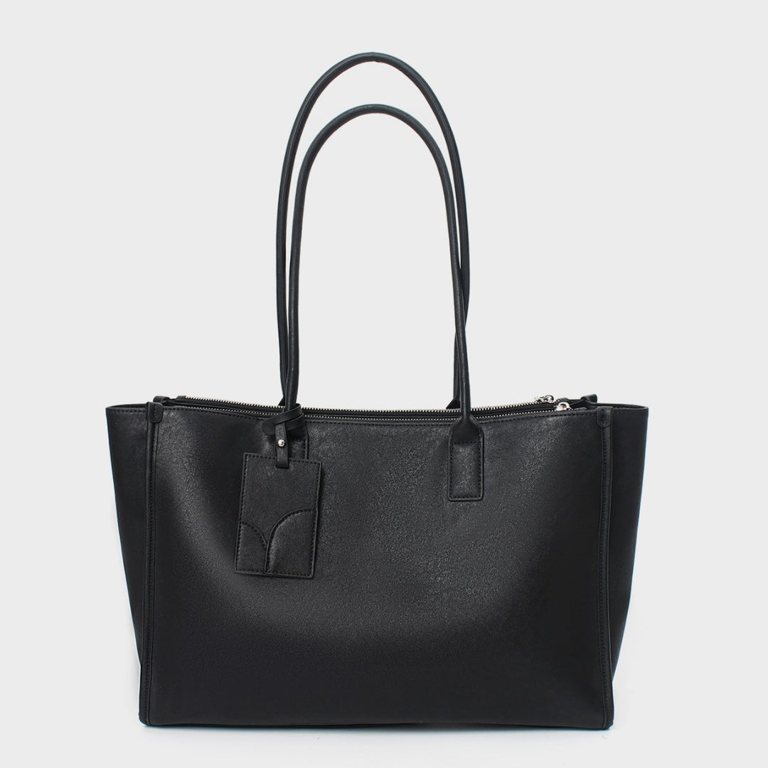 Glattes veganes Leder strukturiert Top-Zip Tote mit doppelten gerollten Griffen und Gepäckanhänger