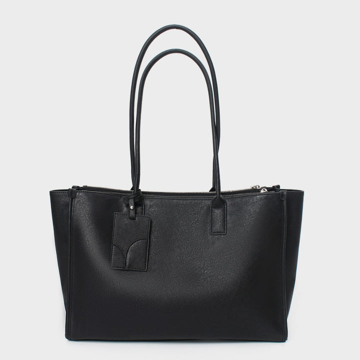 Glattes veganes Leder strukturiert Top-Zip Tote mit doppelten gerollten Griffen und Gepäckanhänger