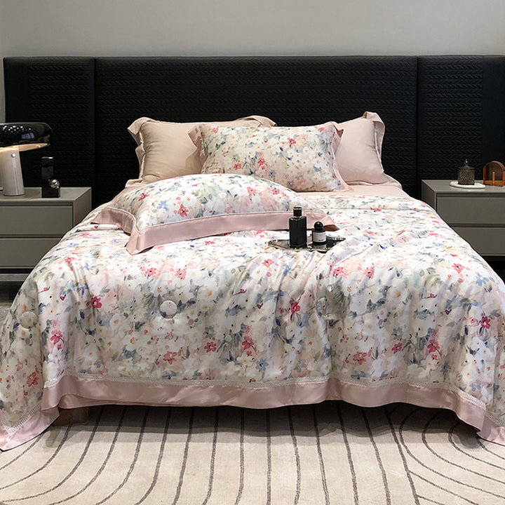 Luxuriöses Baumwollsatin-Bettwäsche-Set mit floralem Aquarellprint und feiner Satinkante