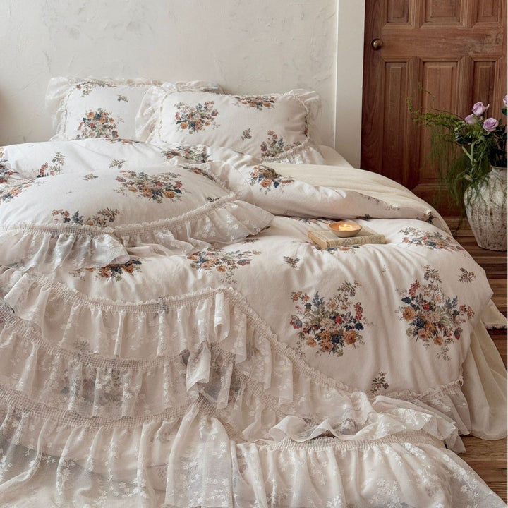 Rüsch Vintage Blumen Baumwolle Bettbezug und Kissenbezug Set