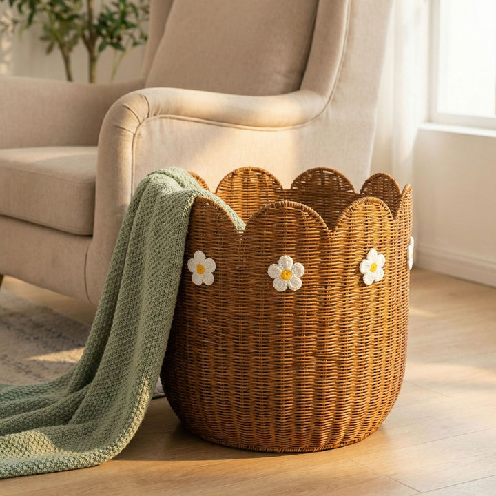 Rattankorb mit Blütenmotiv Karnz