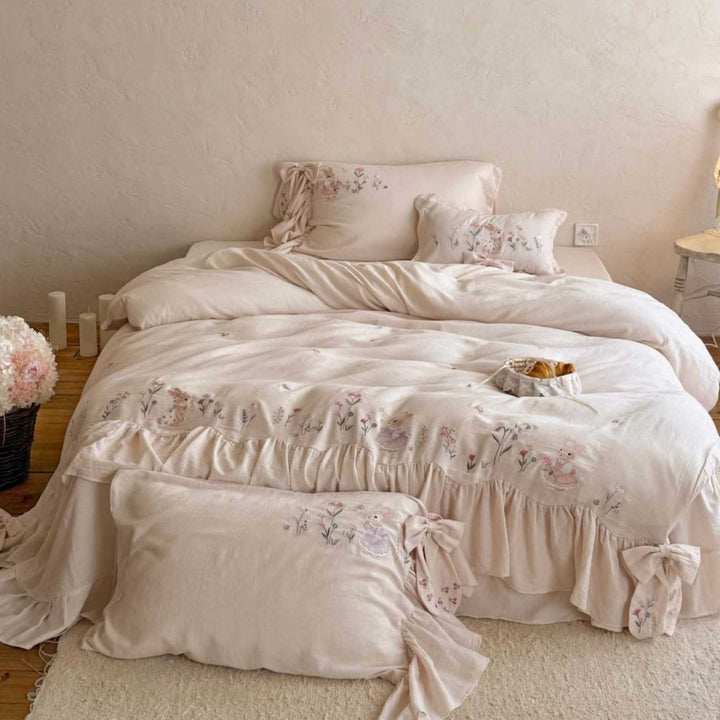 Boho Romantisch Rüsch Baumwolle Bettbezug mit Handgestickten Blumenmotiven