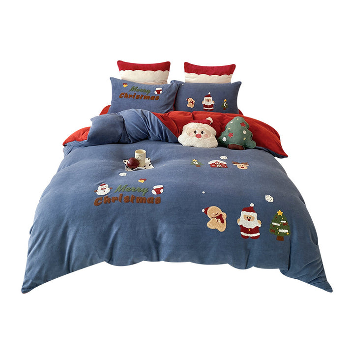Weihnachtliches Besticktes Plüsch Bettbezug Set