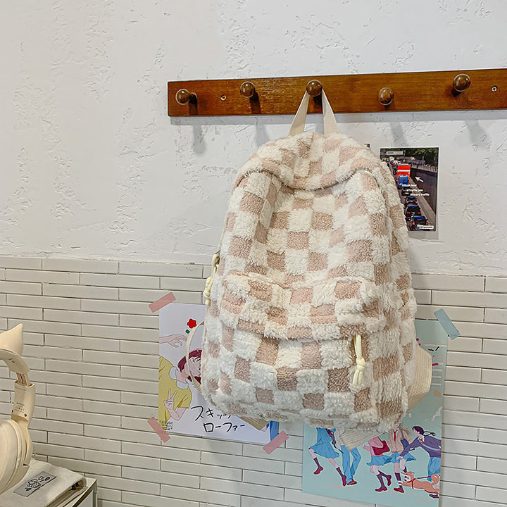 Weiche Plüschkariert Muster Rucksack