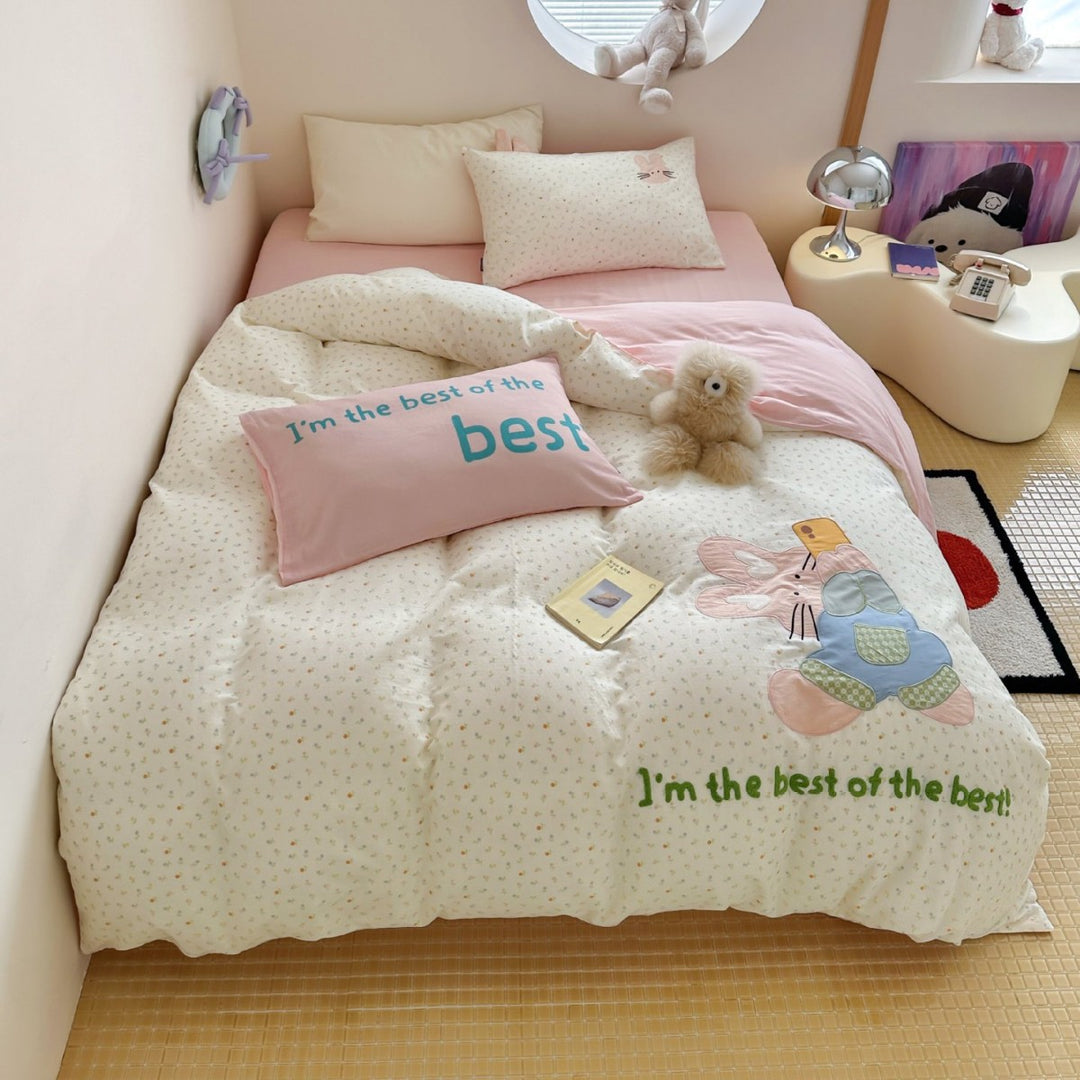 Gep quiltete Cartoon Bunny Appliqué Bettwäsche Set