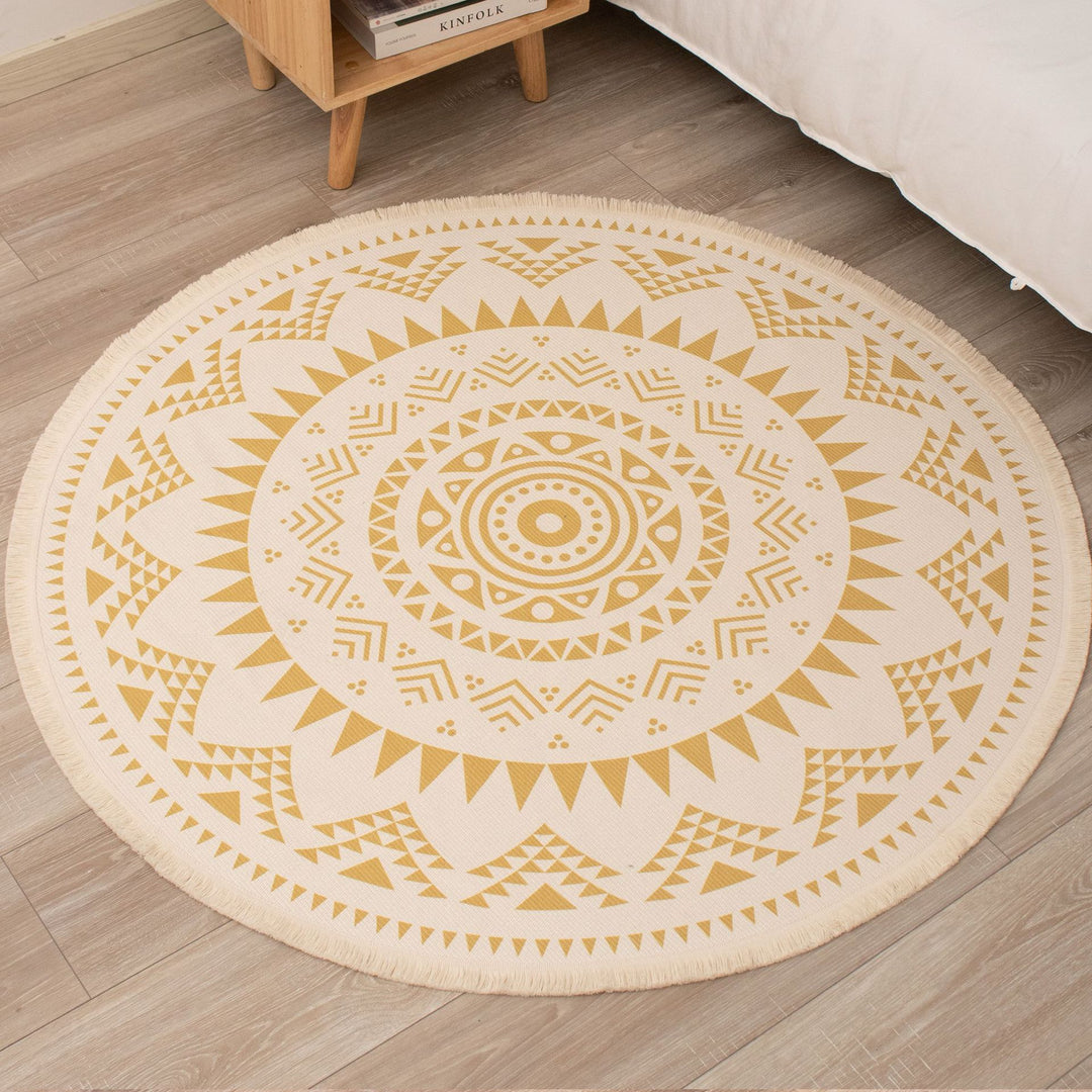 Runder Boho-Baumwollteppich mit Mandala‑Print und Fransenkante