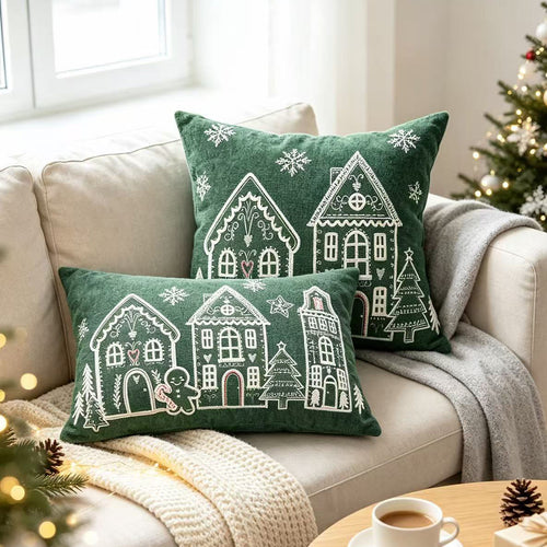 Weihnachtliches Lebkuchenhaus bestickter Samt Kissenbezug für die Lendenstütze
