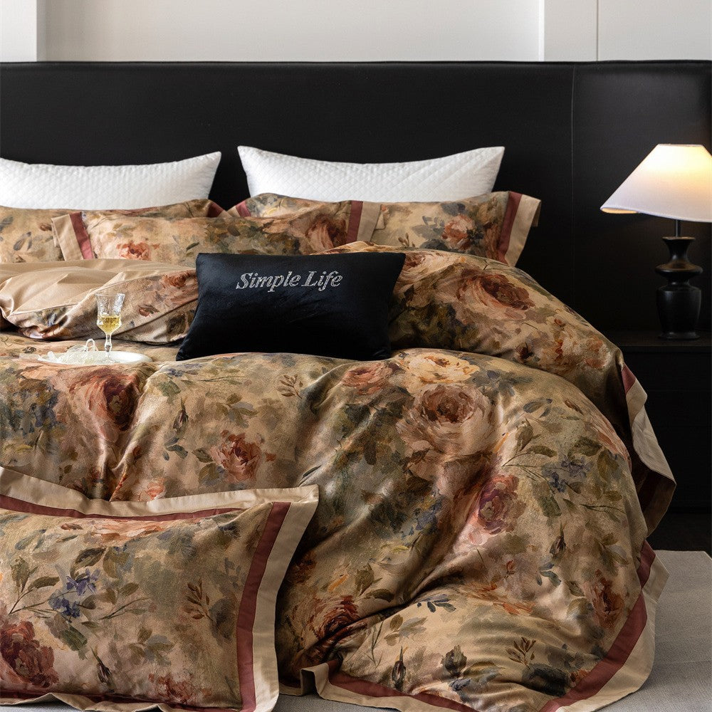Luxuriöses Floral-Satin-Bettbezug-Set mit Randbesatz