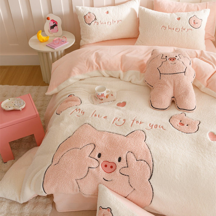 Kuschelige Teddyfleece-Bettwäsche-Garnitur mit Schweine-Applikationen
