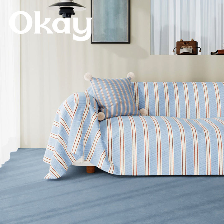 Quilted Striped Reversible Sofa Slipcover with Pom-Pom Accent Pillow