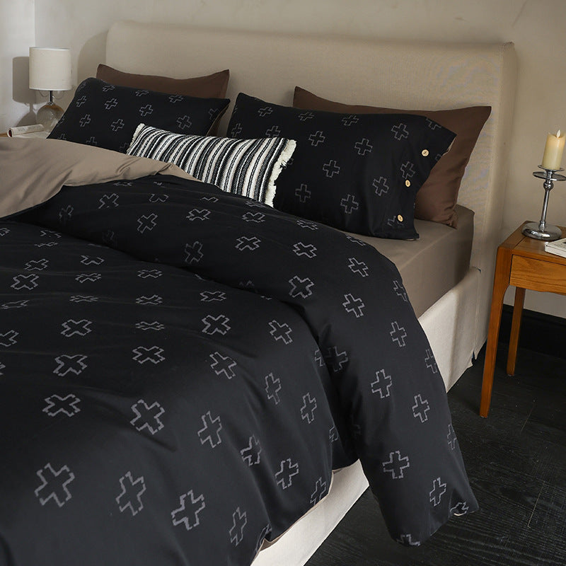 Luxus-Baumwoll-Bettbezug-Set mit geometrischem Kreuzmotiv und Knopfverschluss