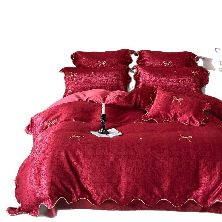 Luxuriöses Satin-Bettwäsche-Set mit Schleifenstickerei und Paspelierung Karnz