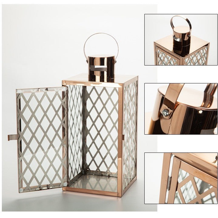 Moderne polierte Gitter-Metalllaterne-Kollektion mit Scharniertür und oberem Schlaufengriff Karnz